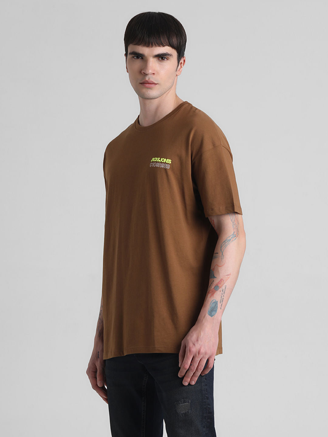 Brown Printed Oversized Crew Neck T-shirt