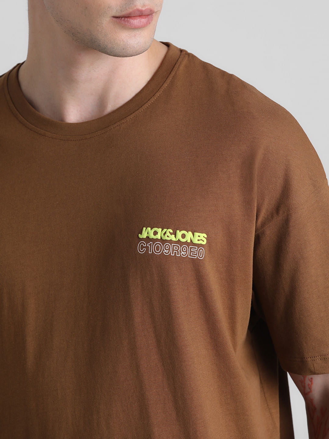 Brown Printed Oversized Crew Neck T-shirt