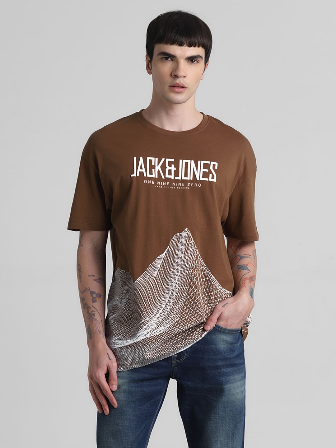 Brown Printed Oversized Crew Neck T-shirt