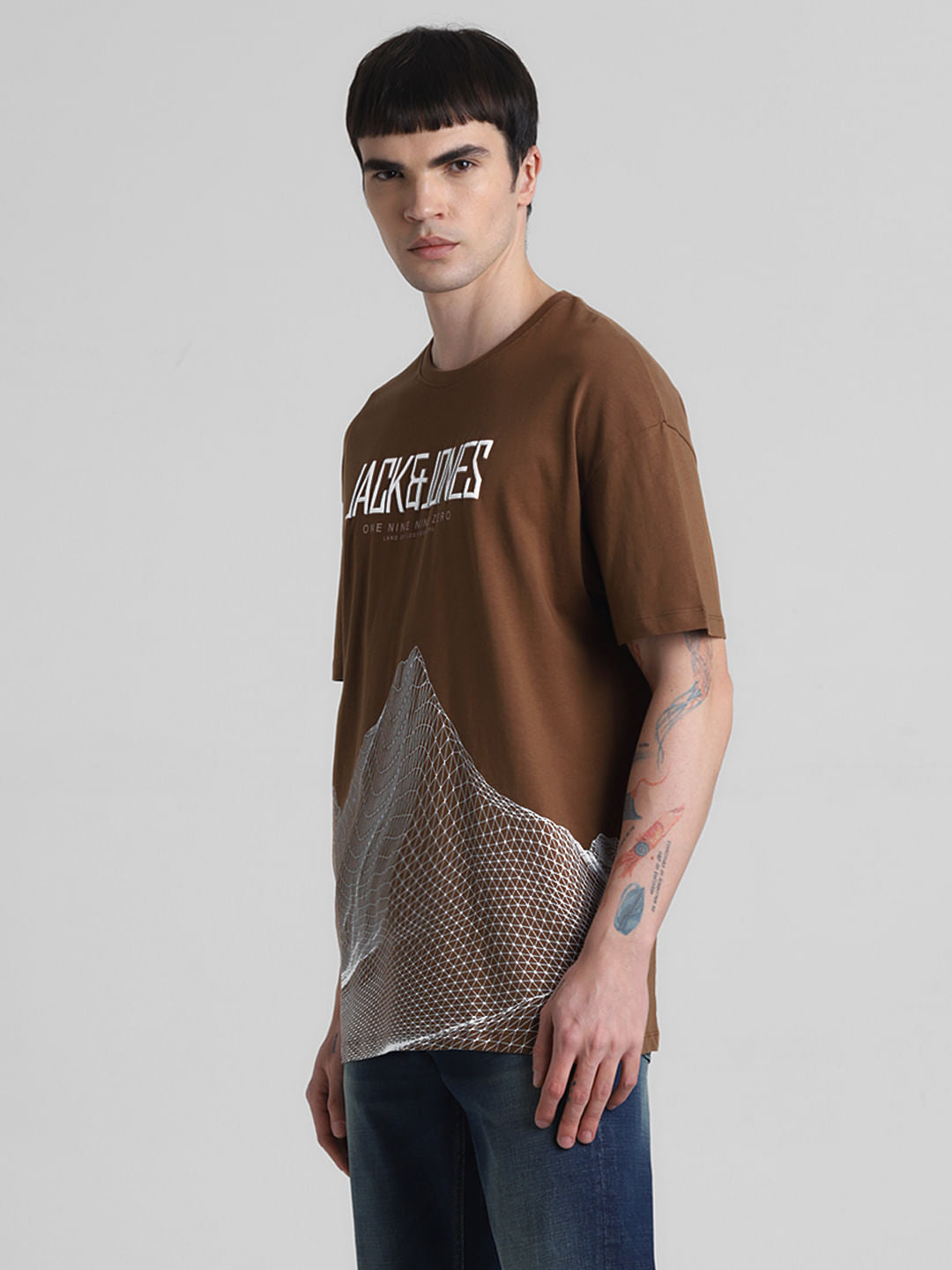 Brown Printed Oversized Crew Neck T-shirt