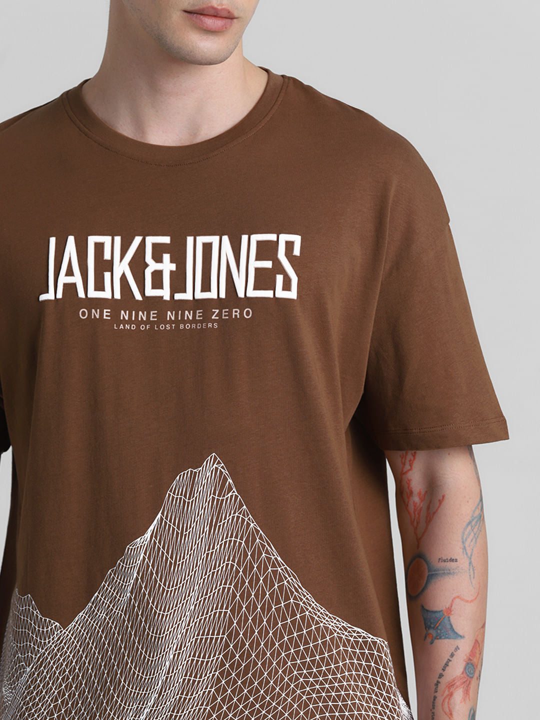 Brown Printed Oversized Crew Neck T-shirt