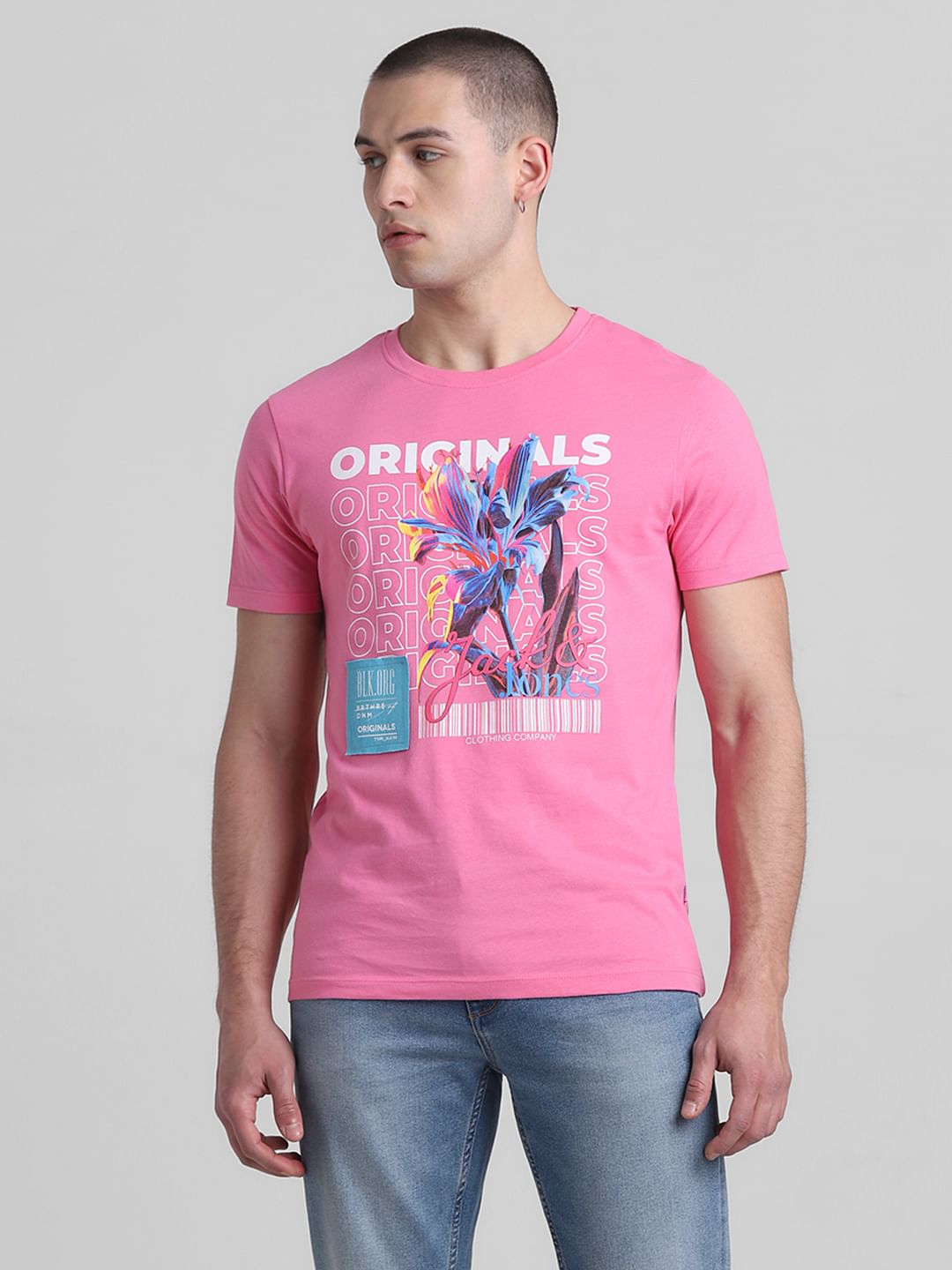 Pink Logo Print Crew Neck T-shirt