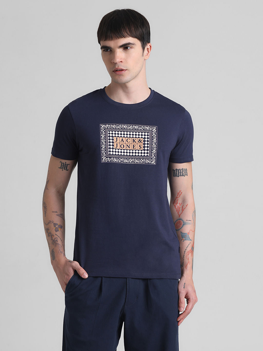 Blue Printed Crew Neck T-shirt