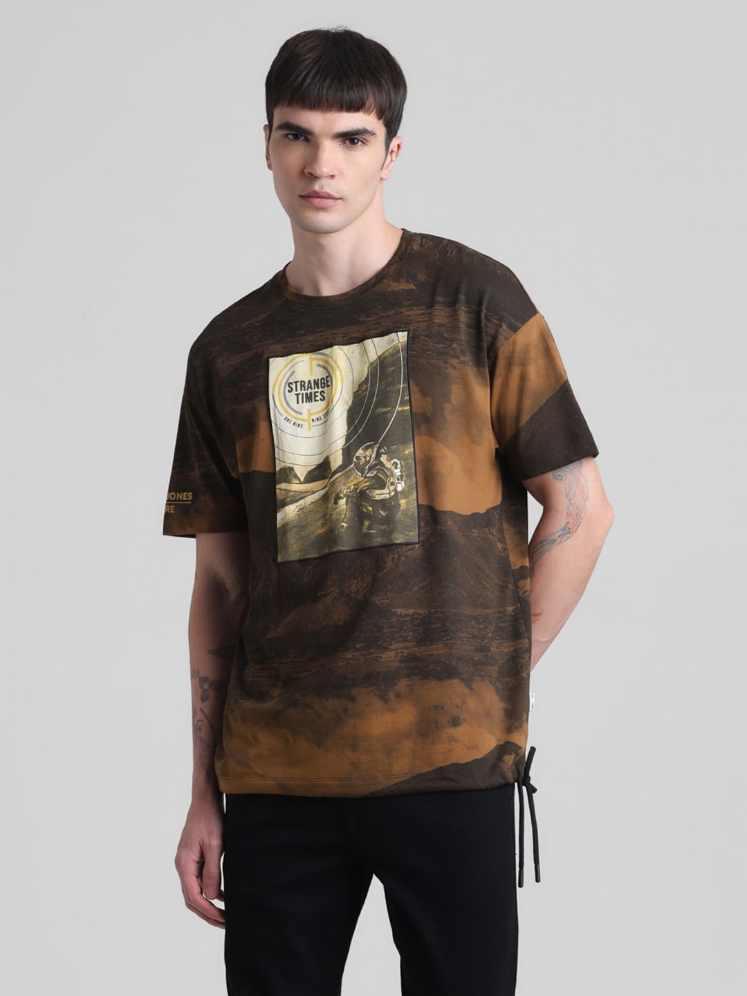 Brown Printed Oversized Crew Neck T-shirt