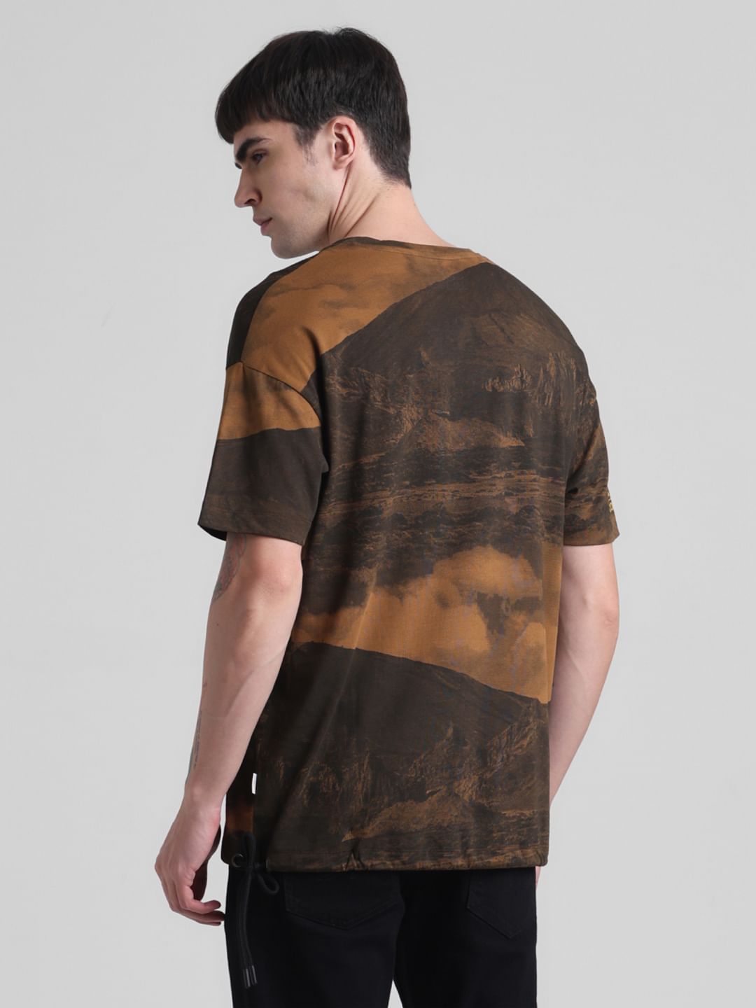 Brown Printed Oversized Crew Neck T-shirt