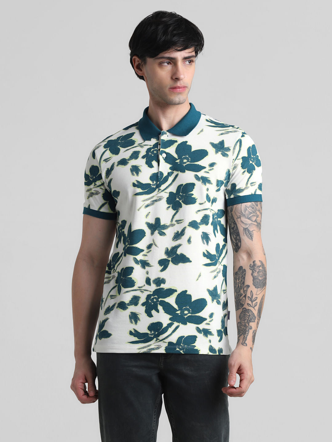 White Floral Print Polo T-Shirt