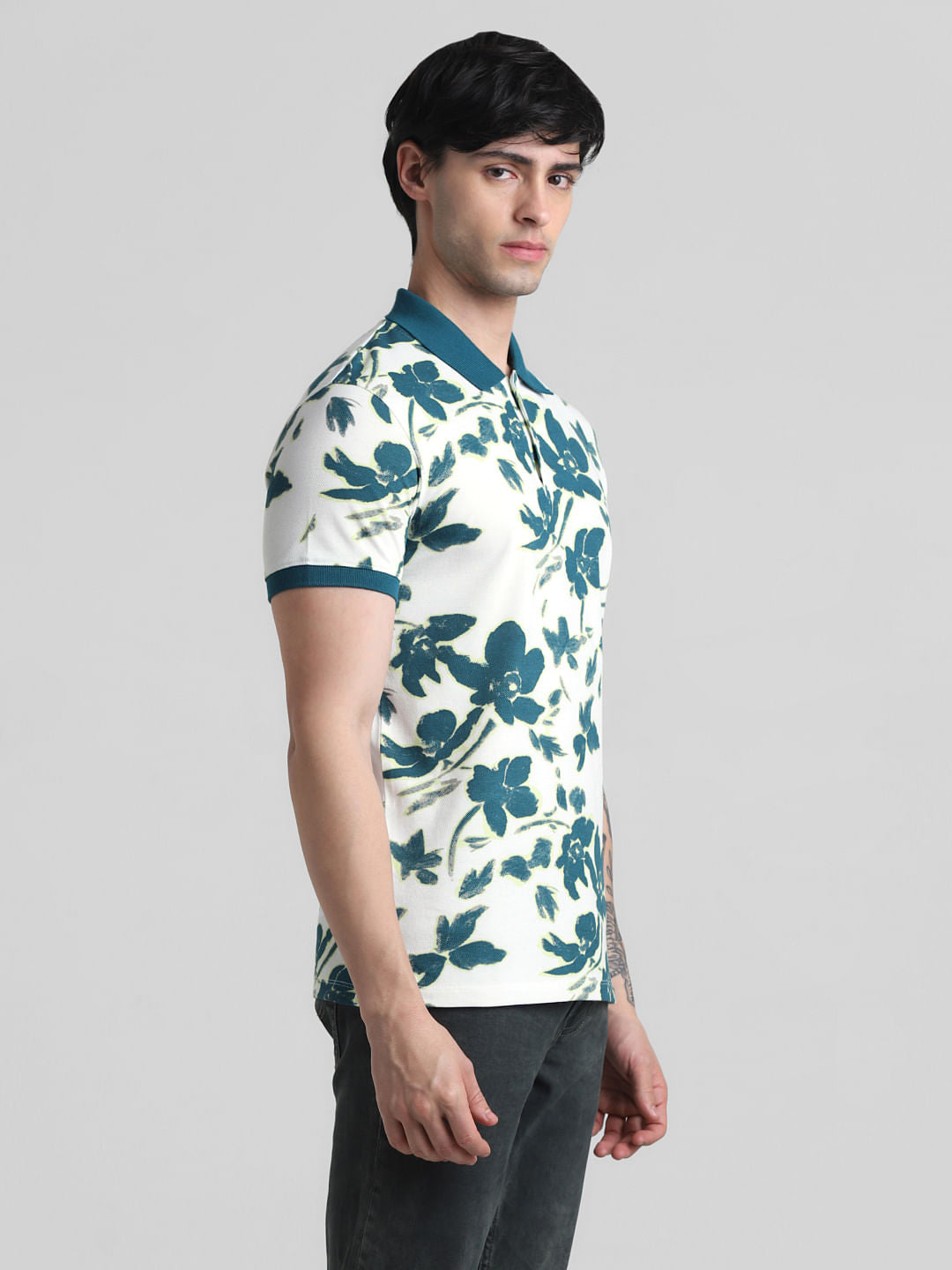 White Floral Print Polo T-Shirt
