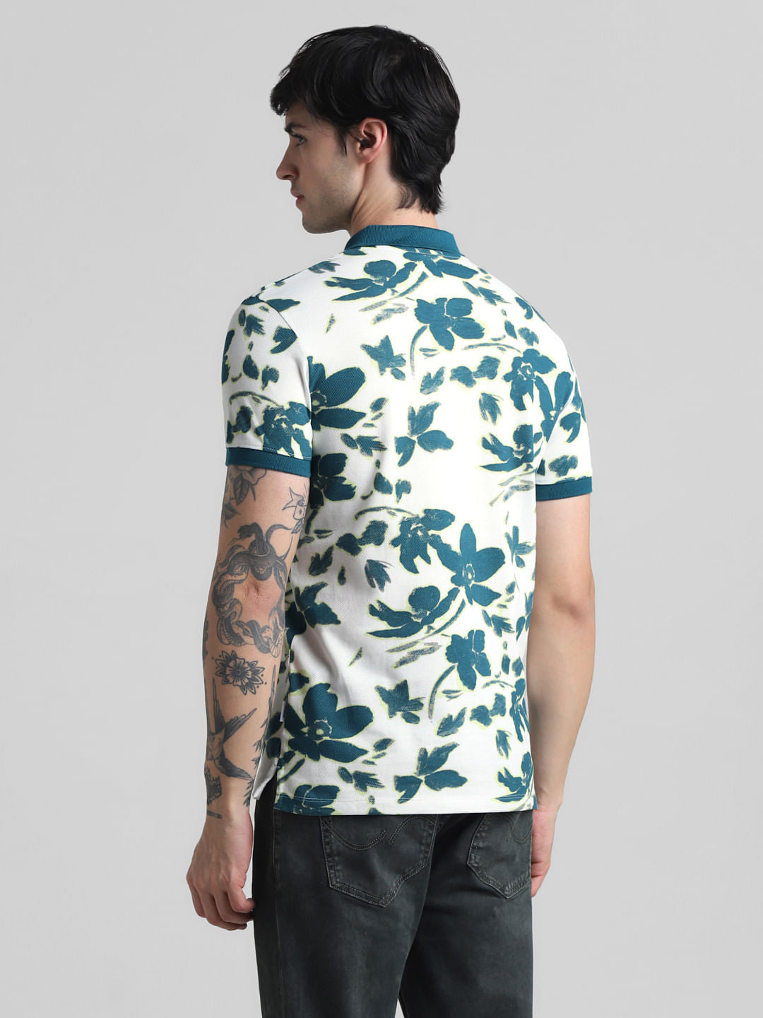 White Floral Print Polo T-Shirt