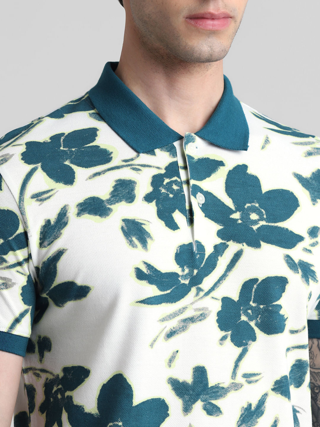 White Floral Print Polo T-Shirt