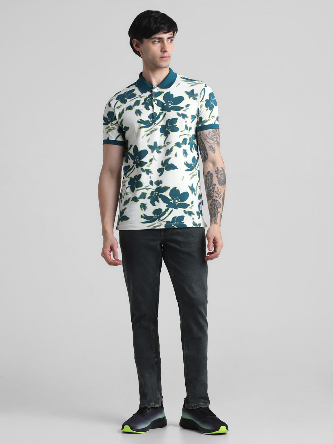 White Floral Print Polo T-Shirt