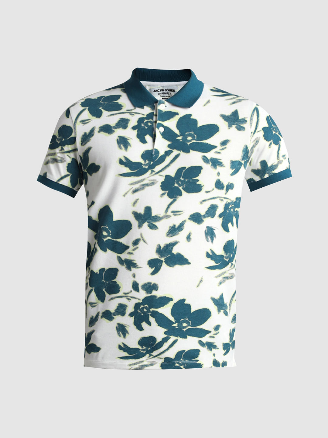 White Floral Print Polo T-Shirt