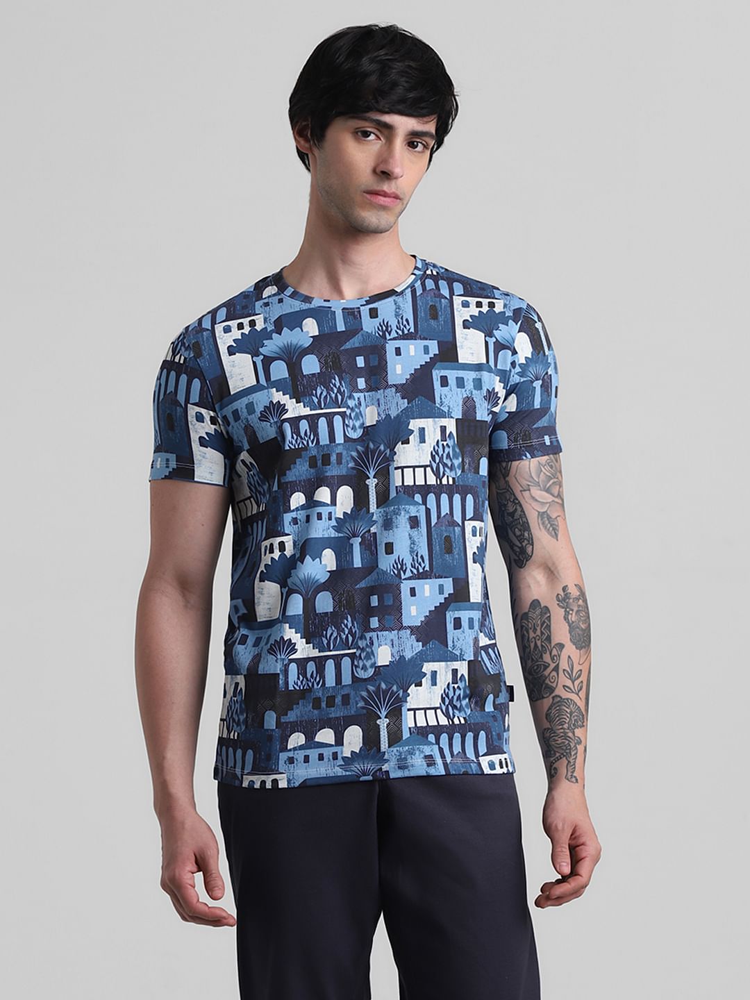 Blue Printed Crew Neck T-shirt
