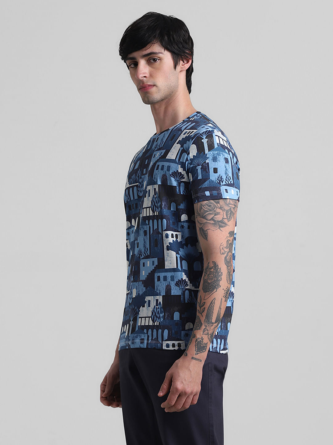 Blue Printed Crew Neck T-shirt