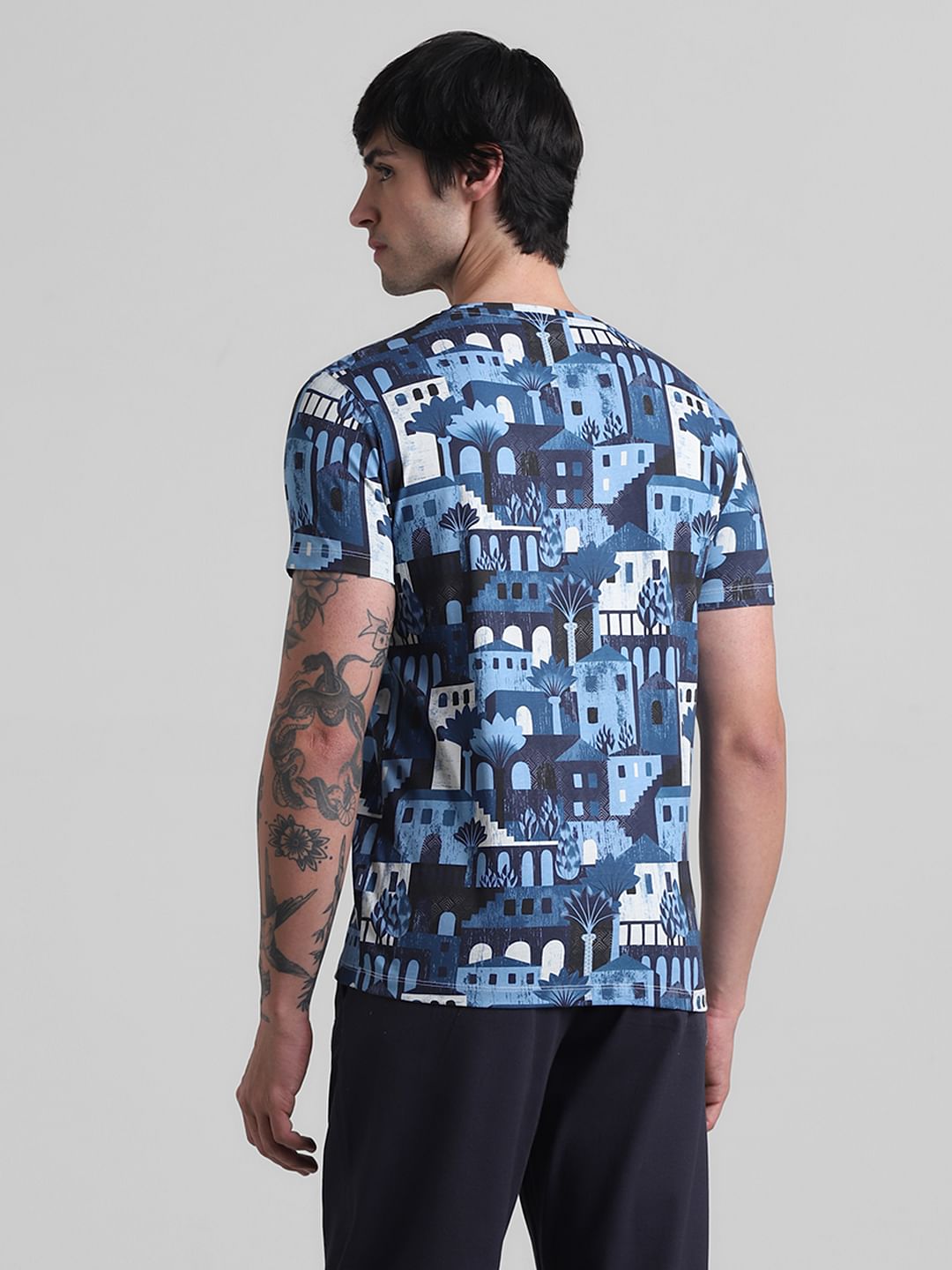 Blue Printed Crew Neck T-shirt