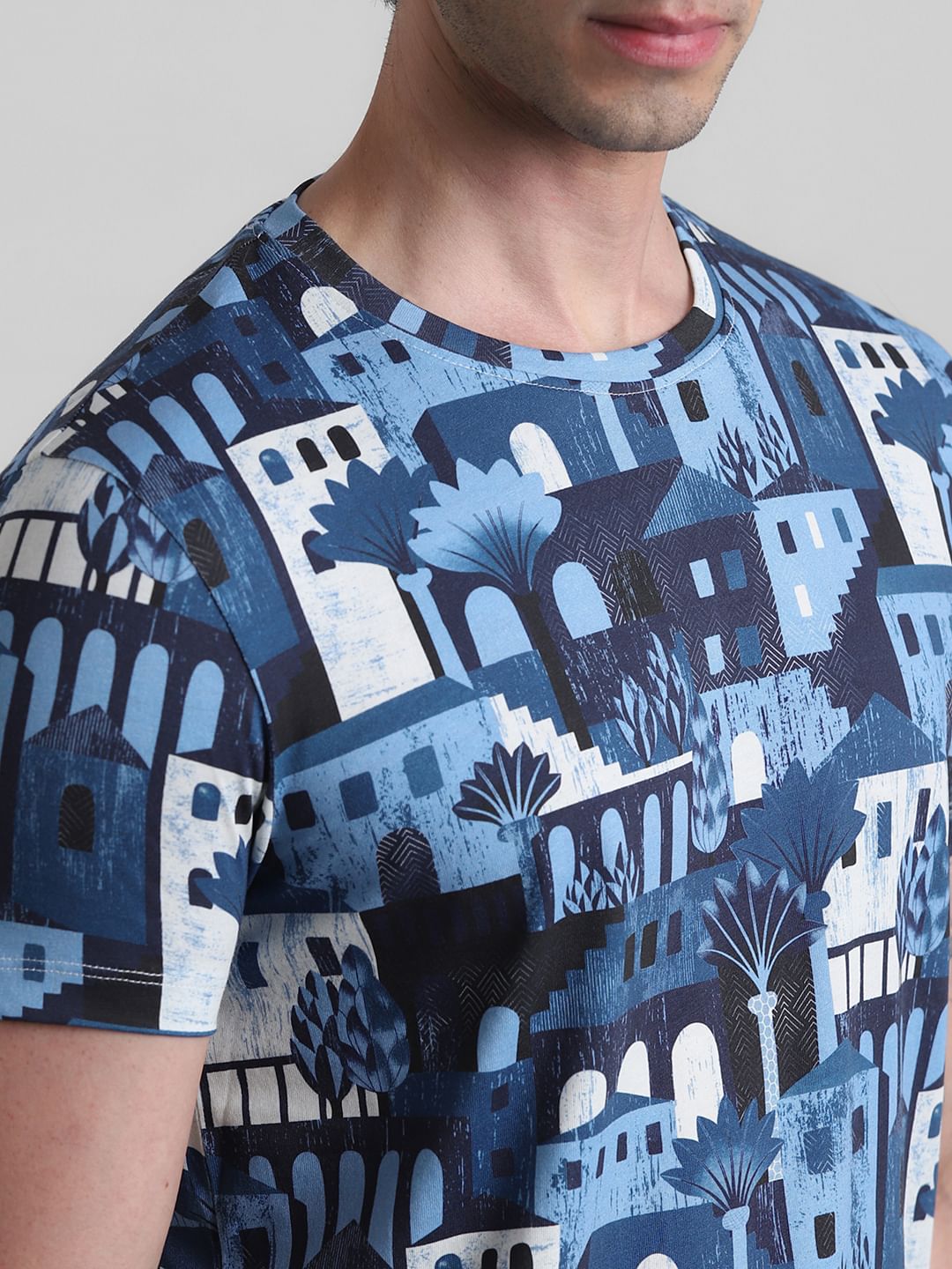 Blue Printed Crew Neck T-shirt