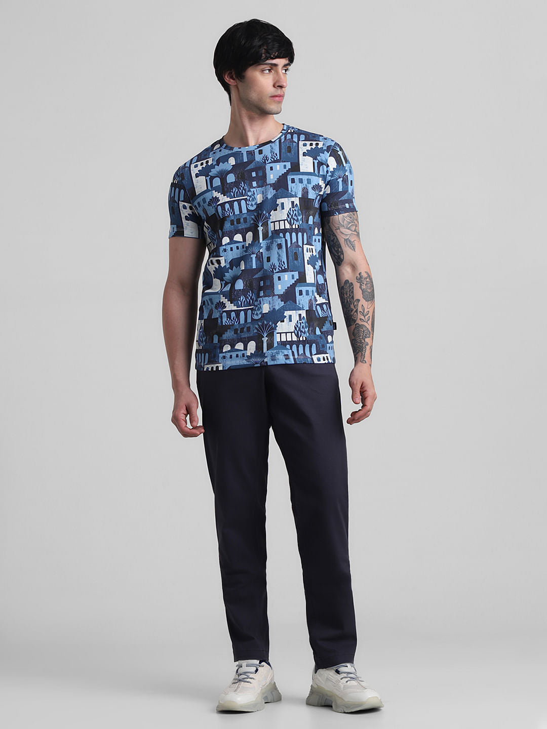 Blue Printed Crew Neck T-shirt