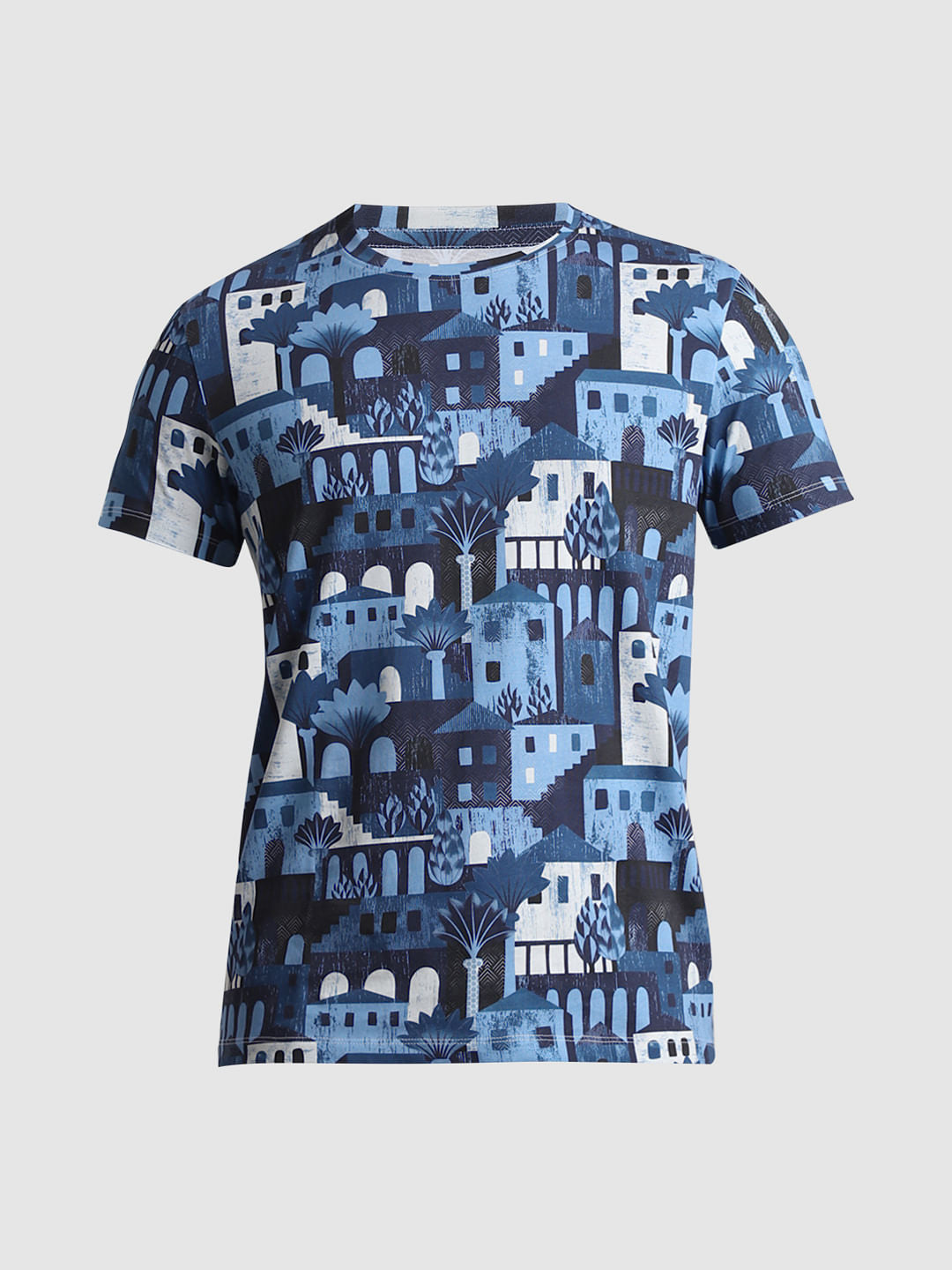 Blue Printed Crew Neck T-shirt