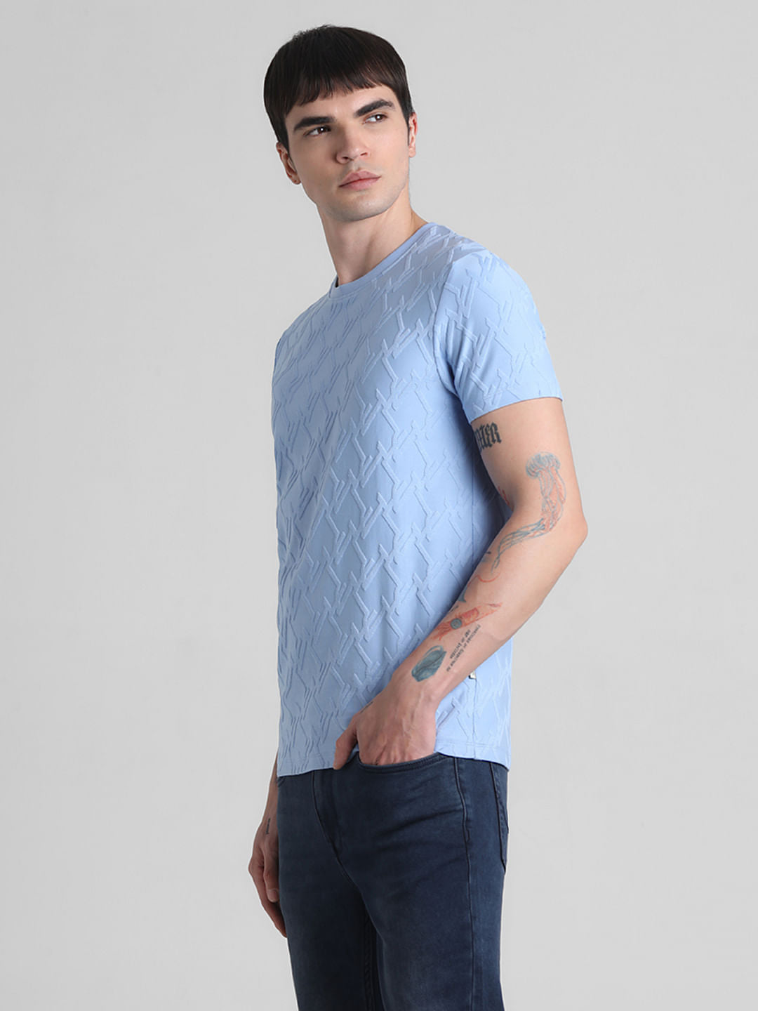 Blue Jacquard Crew Neck T-shirt