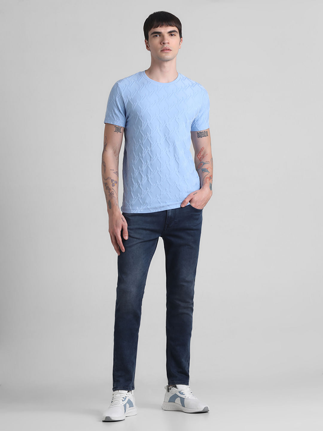 Blue Jacquard Crew Neck T-shirt