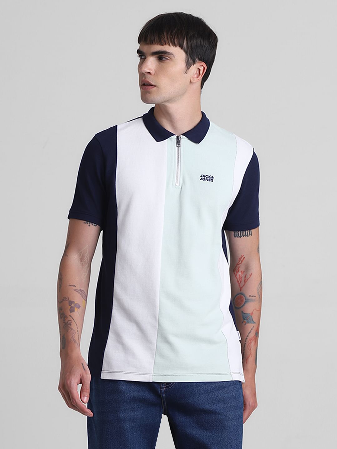 Blue Colourblocked Polo T-shirt