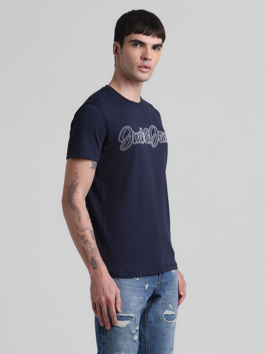 Navy Blue Logo Print Crew Neck T-shirt