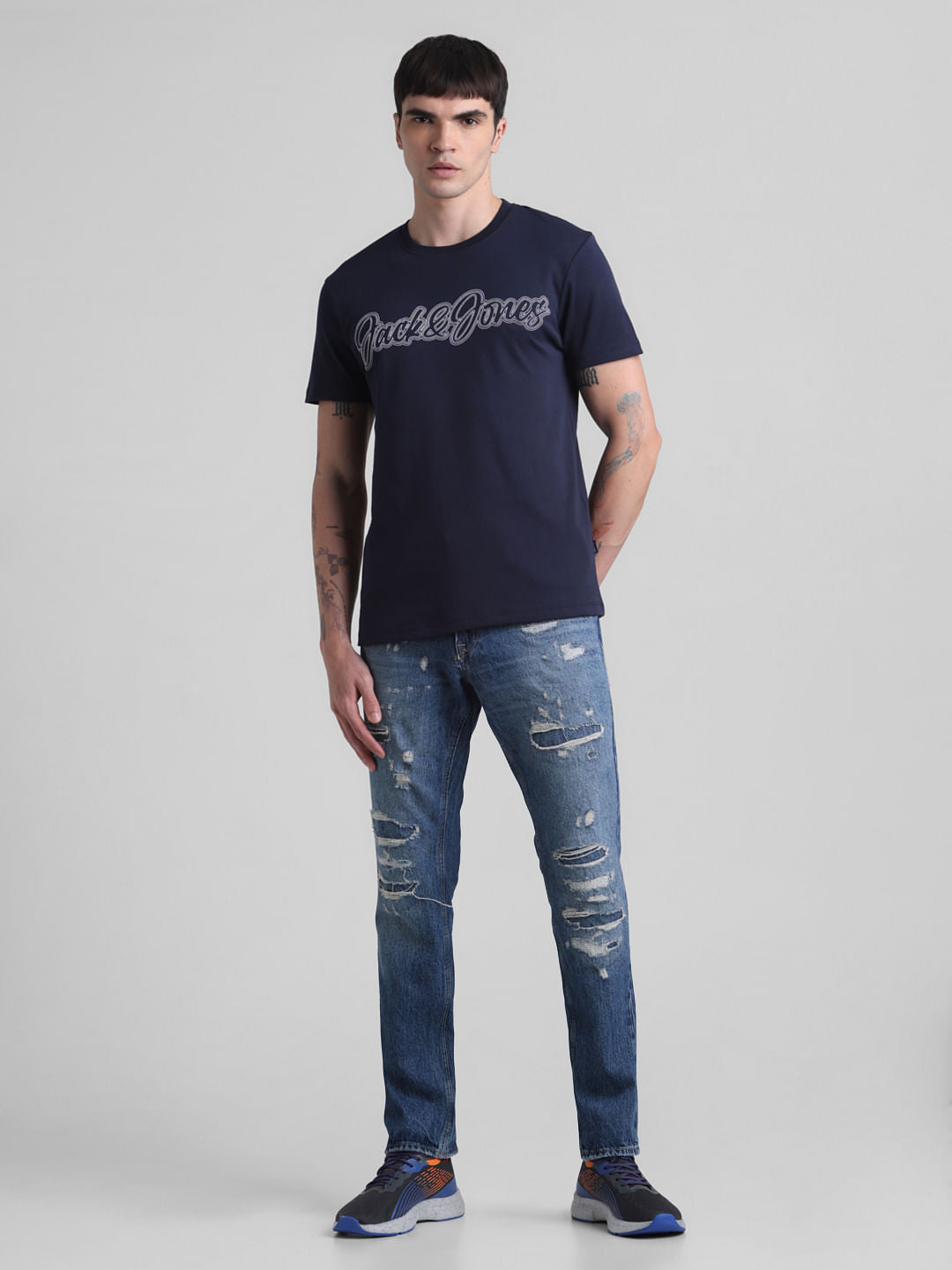 Navy Blue Logo Print Crew Neck T-shirt