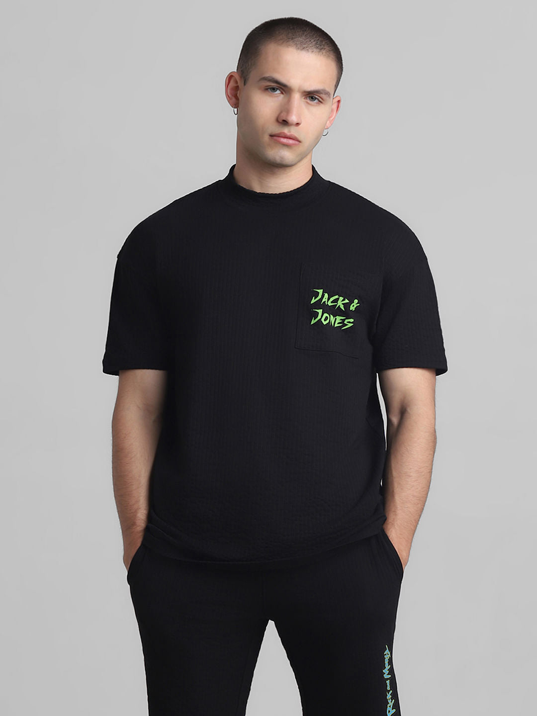RICK & MORTY Black Printed Oversized Co-ord Set T-shirt