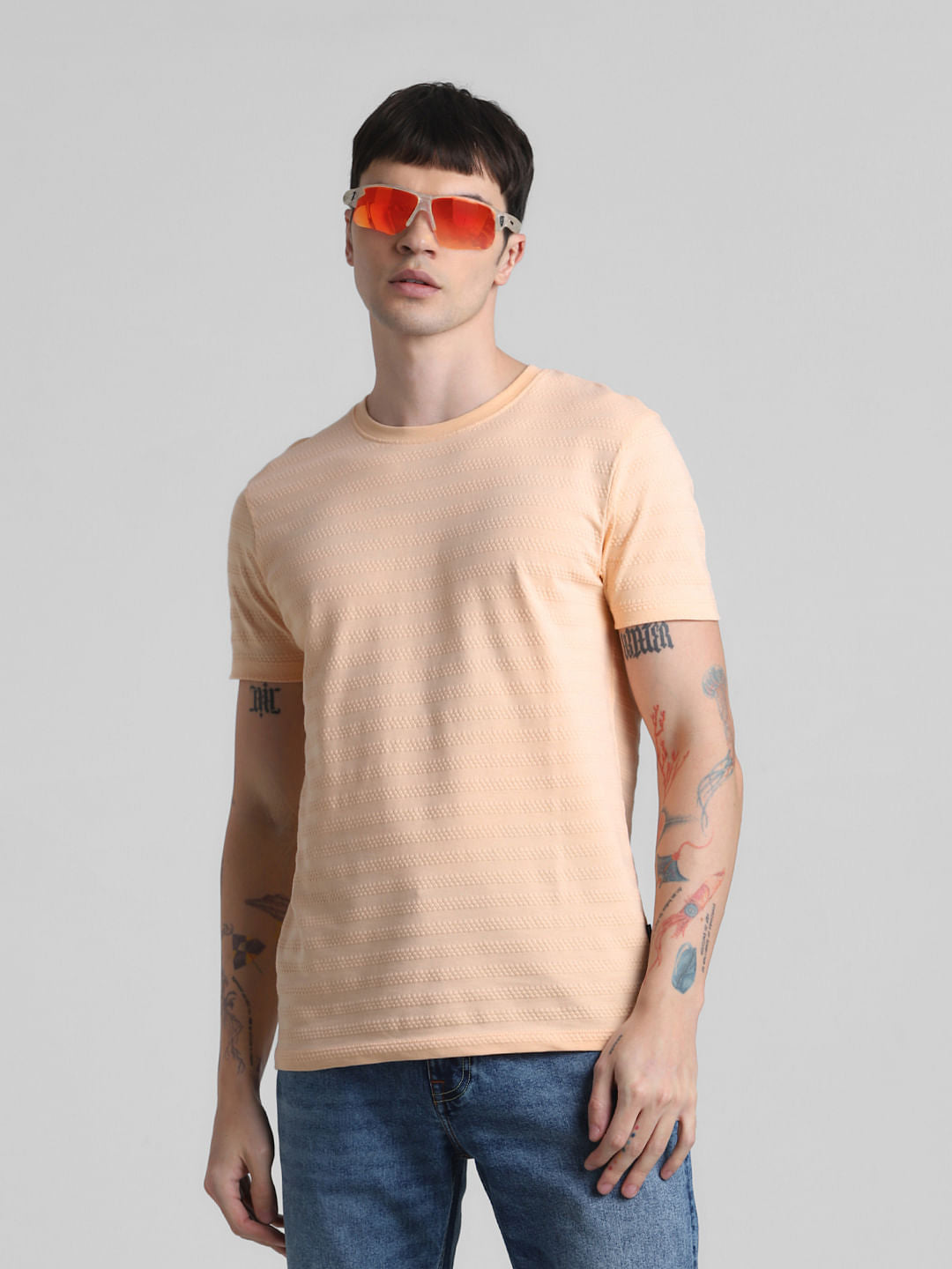 Peach Jacquard Crew Neck T-shirt