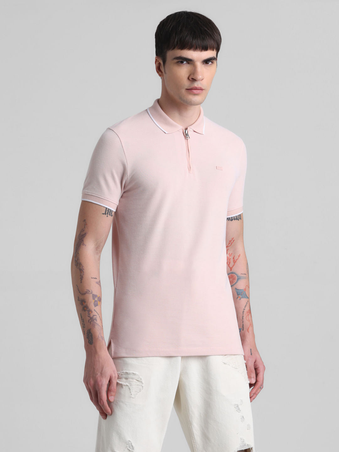 Peach Zip Detail Polo T-shirt