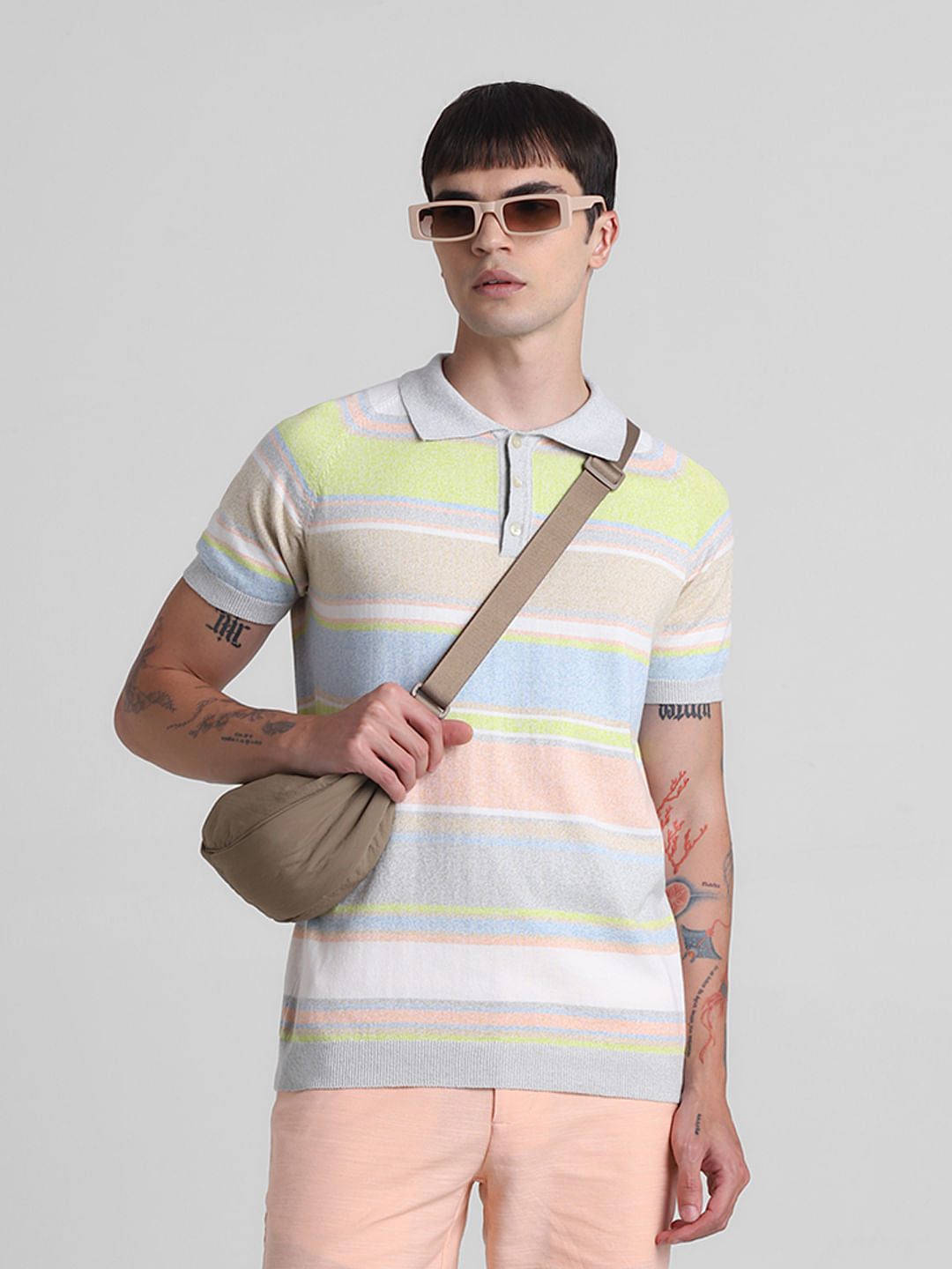 Green Colourblocked Knitted Polo T-shirt