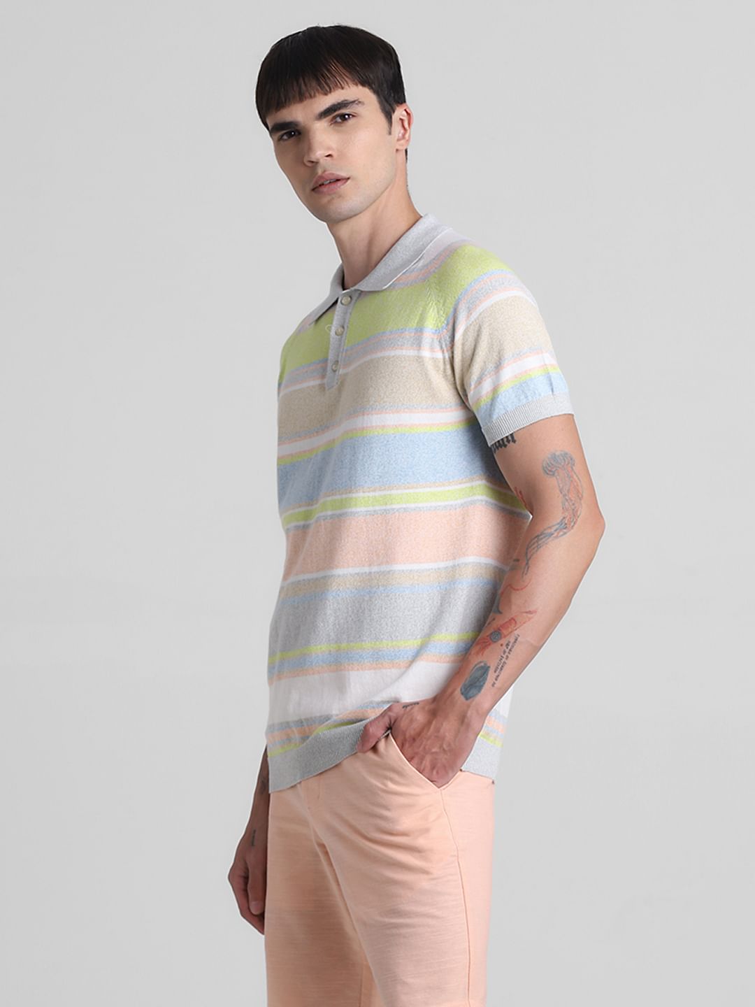 Green Colourblocked Knitted Polo T-shirt