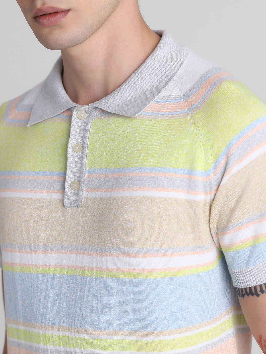 Green Colourblocked Knitted Polo T-shirt