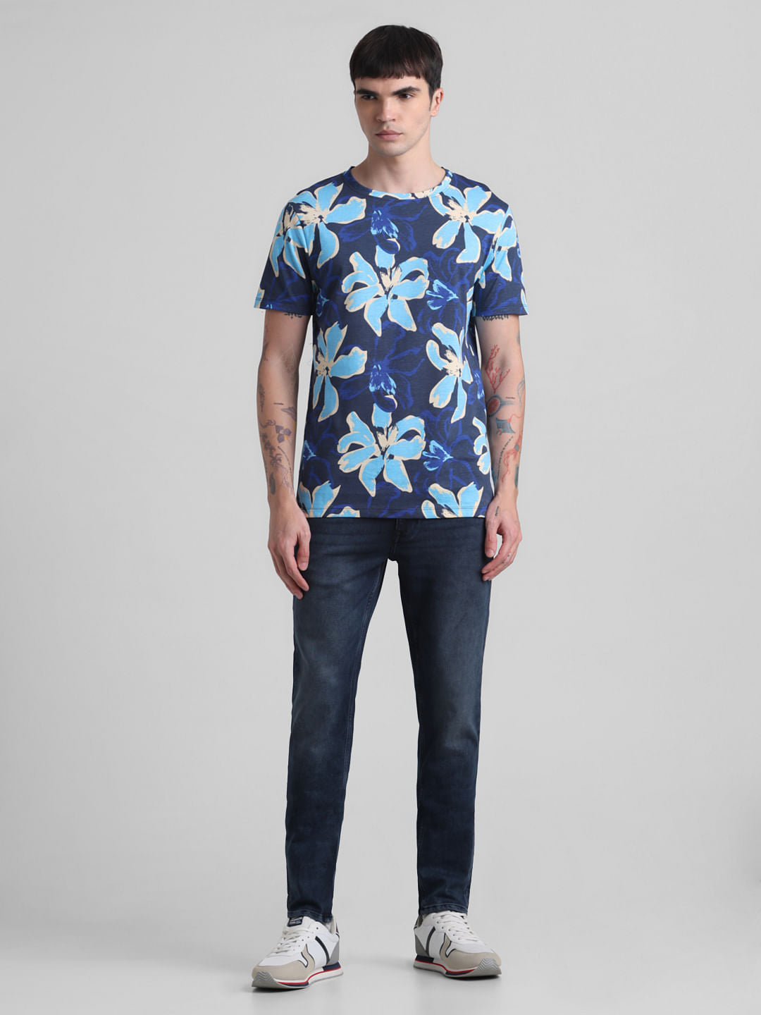 Blue Floral Crew Neck T-shirt