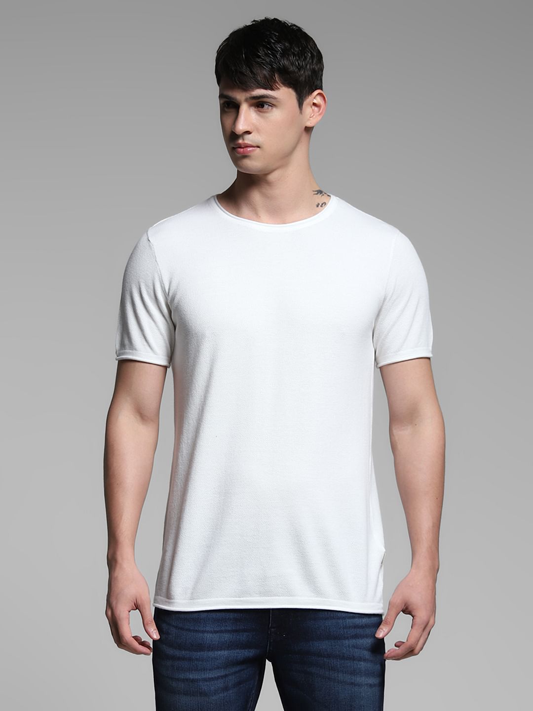 White Crew Neck Knitted T-shirt
