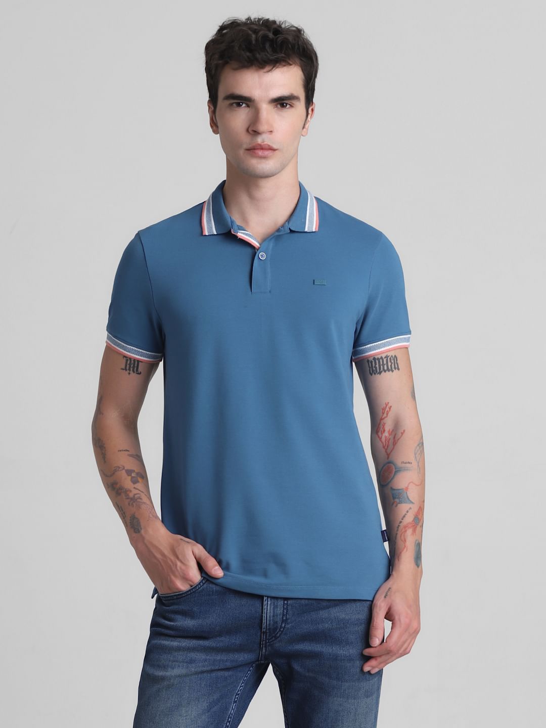 Blue Contrast Tipping Polo T-Shirt