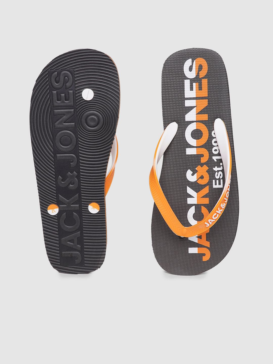 Grey & Orange Logo Print Flip Flops