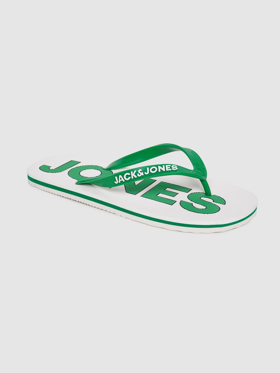 White & Green Logo Print Flip Flops