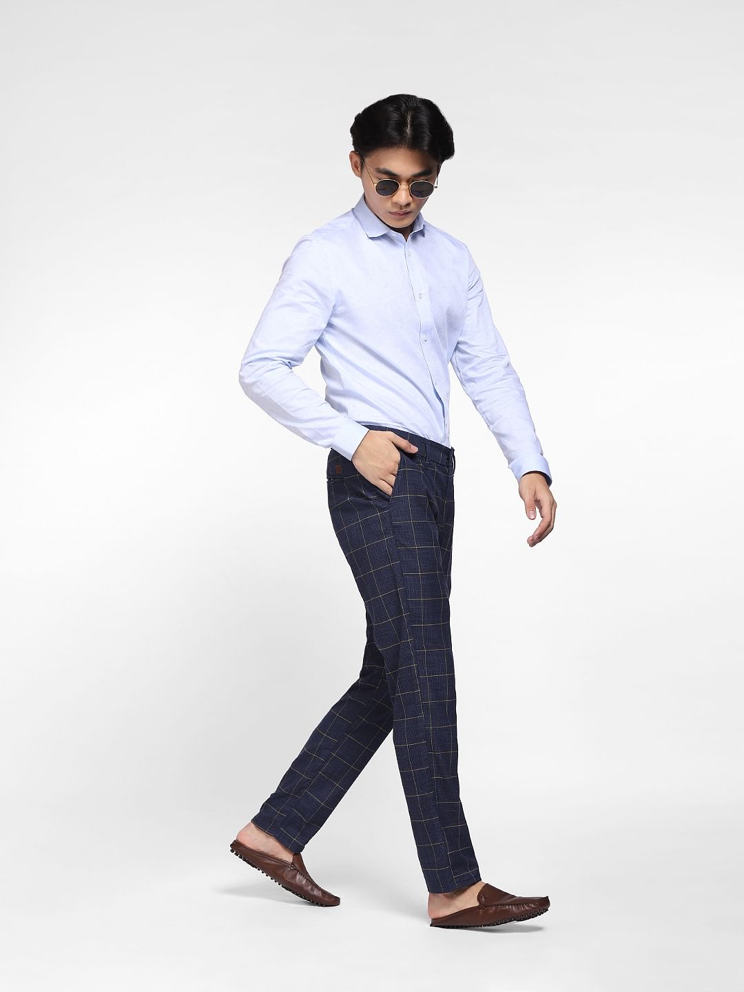 Navy Blue Mid Rise Check Trousers
