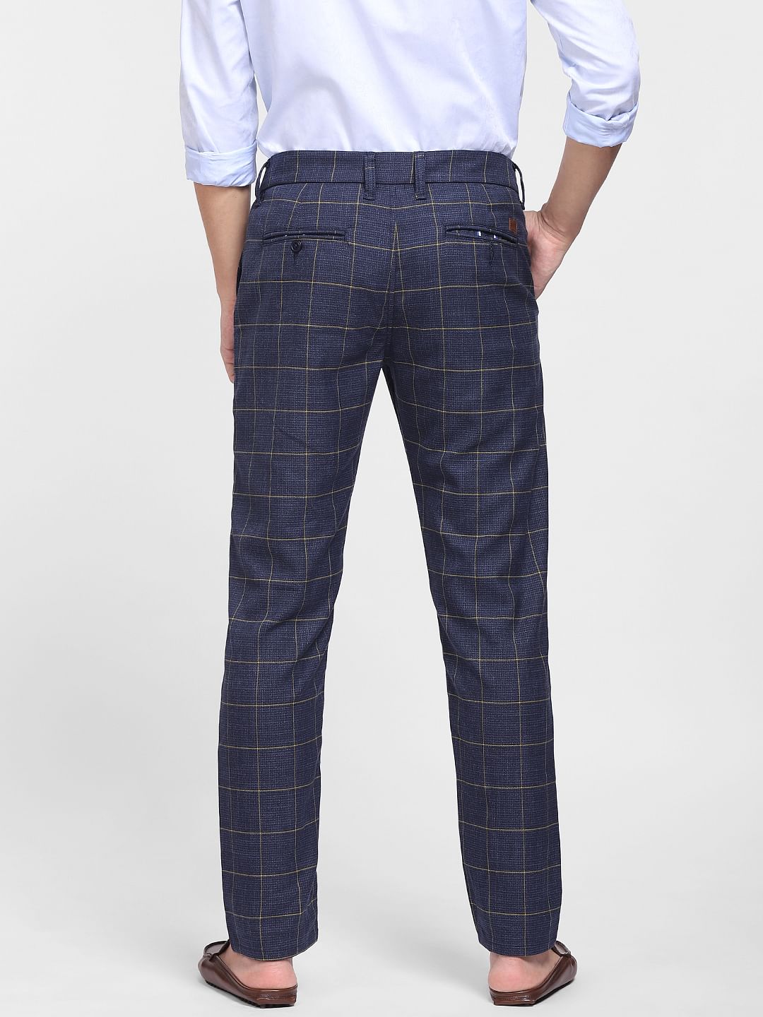 Navy Blue Mid Rise Check Trousers