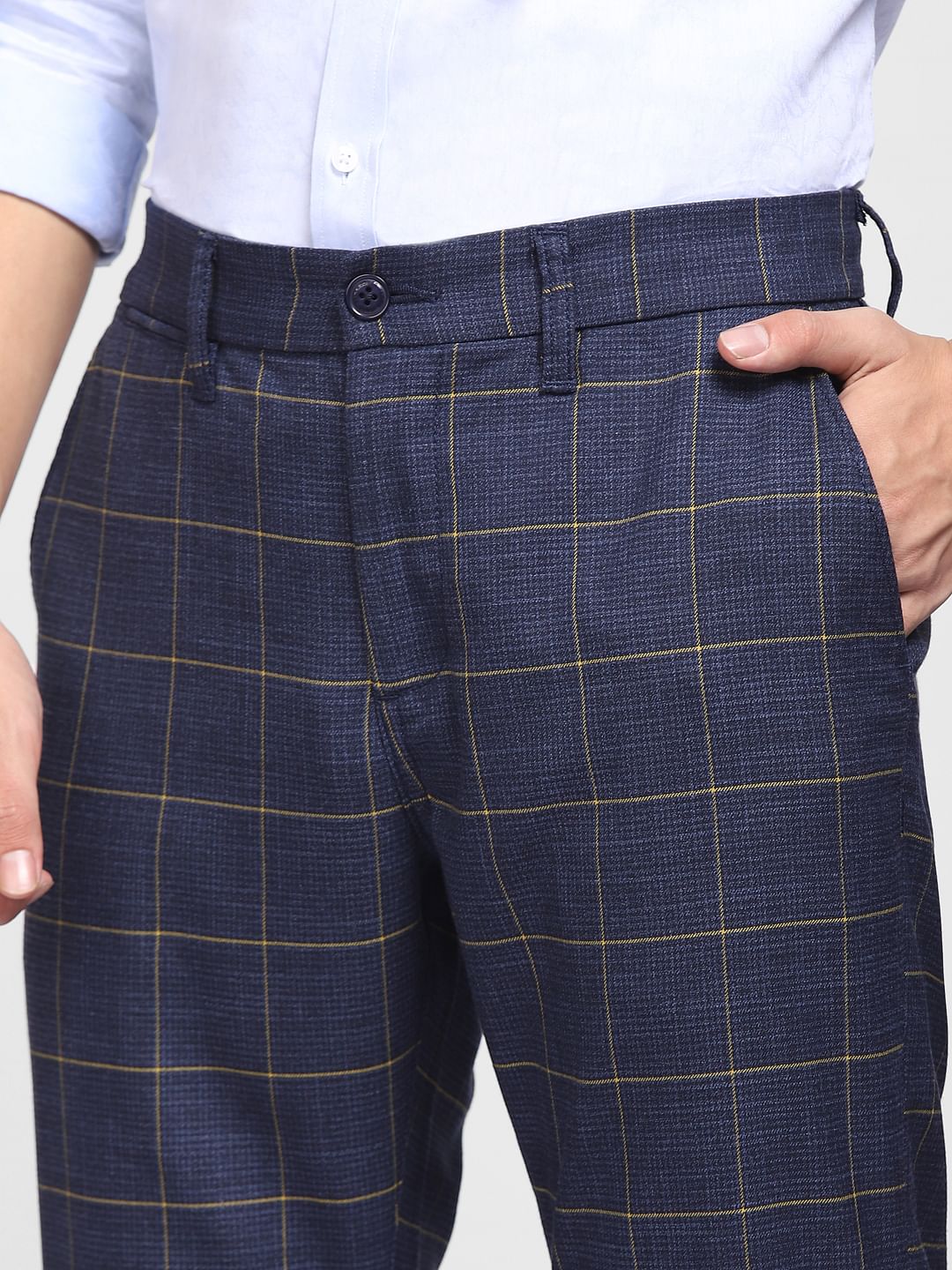 Navy Blue Mid Rise Check Trousers