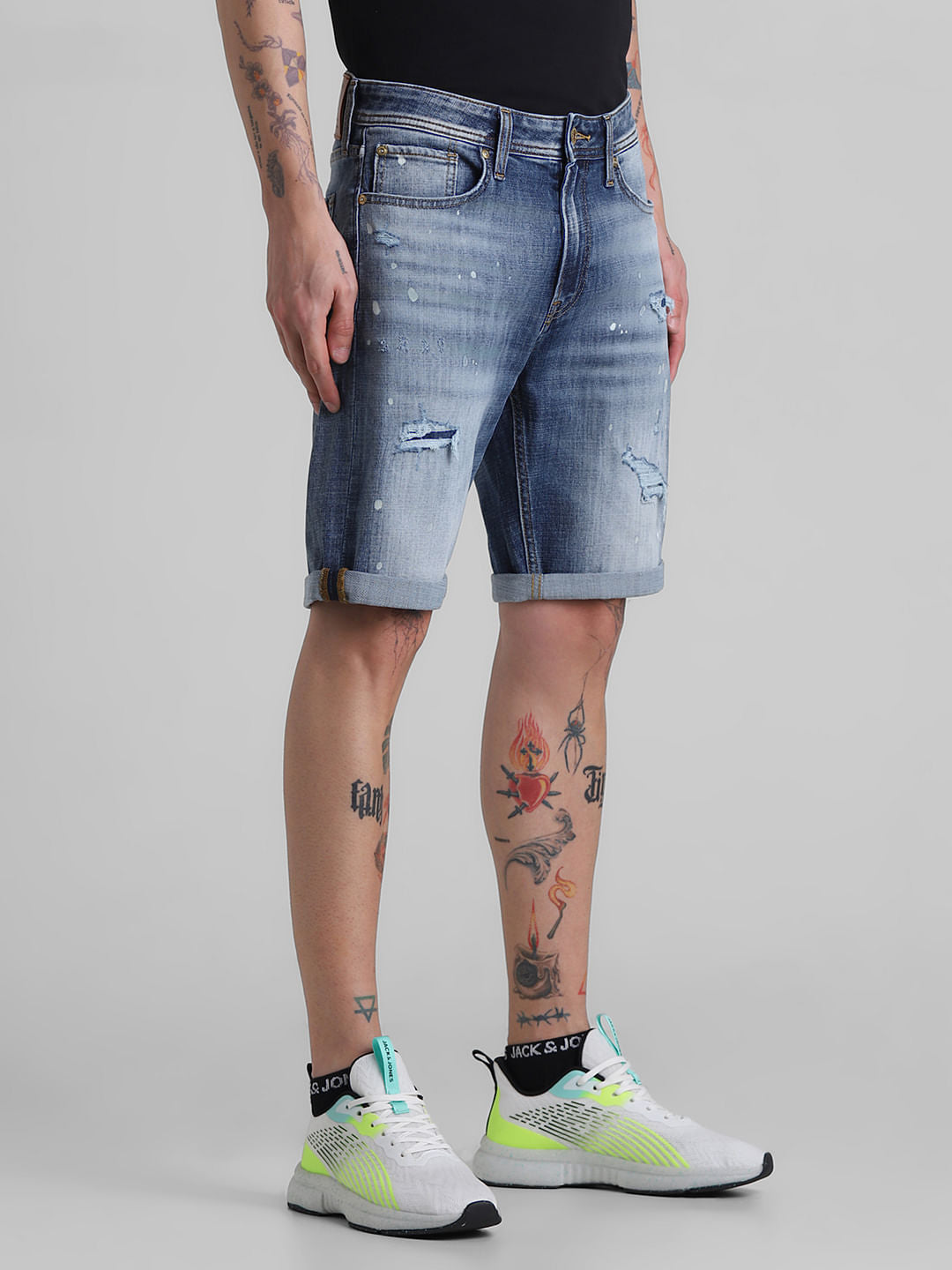 Blue Low Rise Distressed Denim Shorts