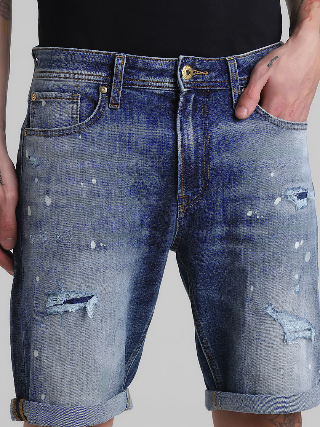 Blue Low Rise Distressed Denim Shorts