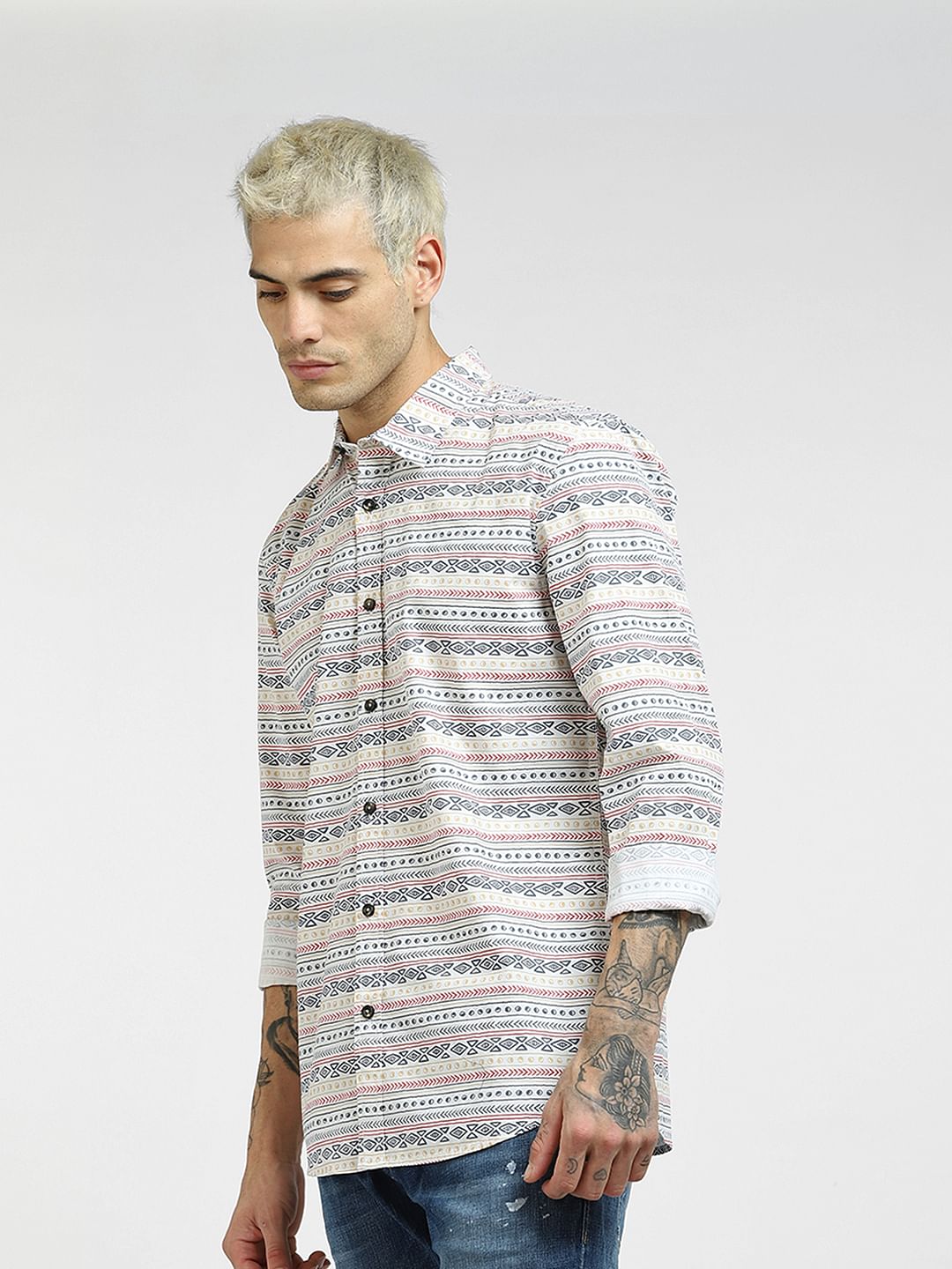 White Printed Full Sleeves Shirt
