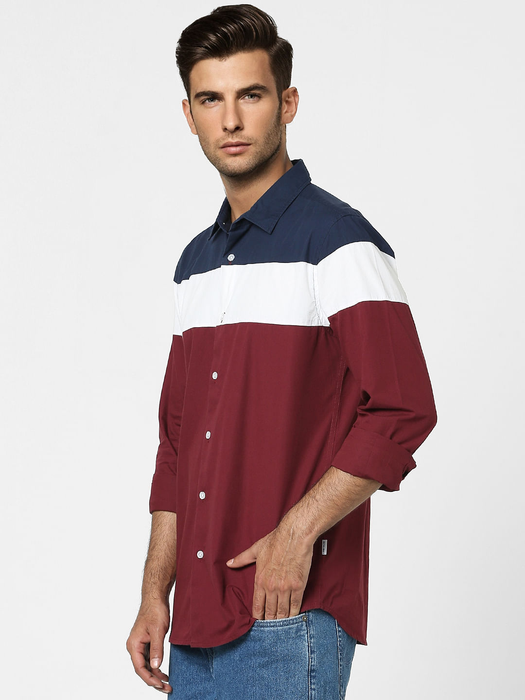 Maroon Colourblocked Full Sleeves Shirt