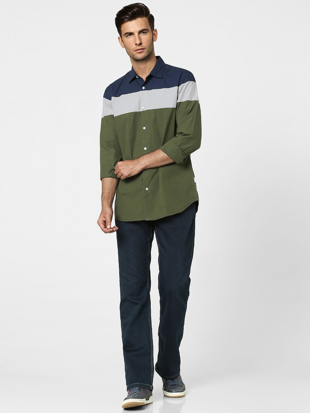 Green Colourblocked Full Sleeves Shirt