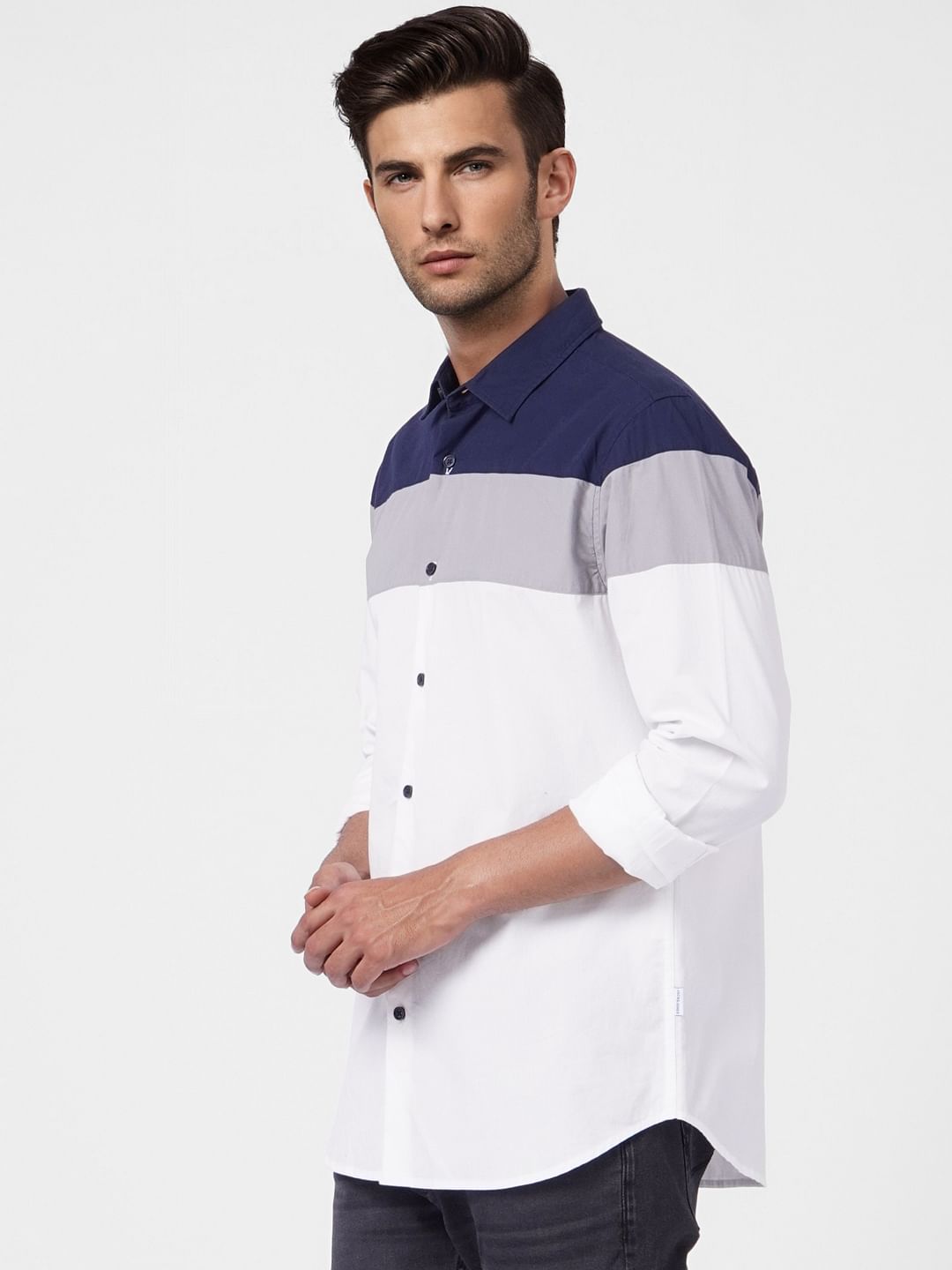 White Colourblocked Full Sleeves Shirt