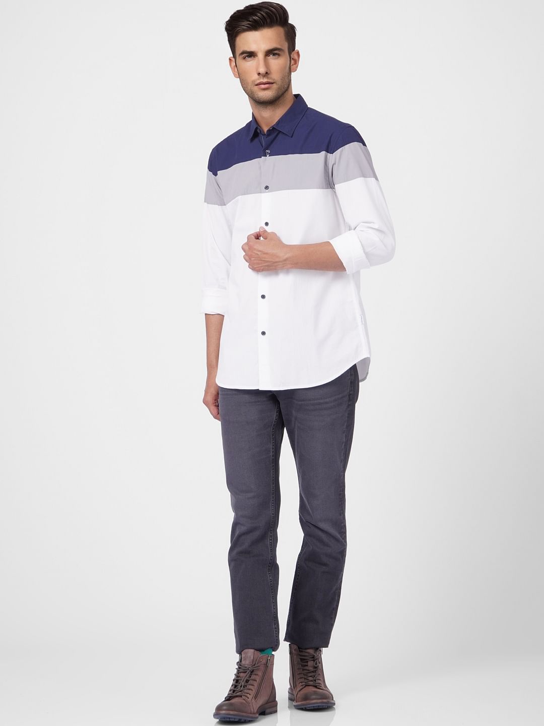 White Colourblocked Full Sleeves Shirt