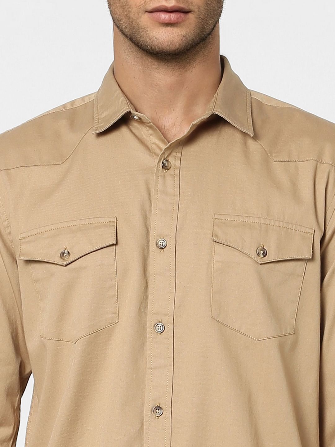 Beige Solid Full Sleeves Shirt