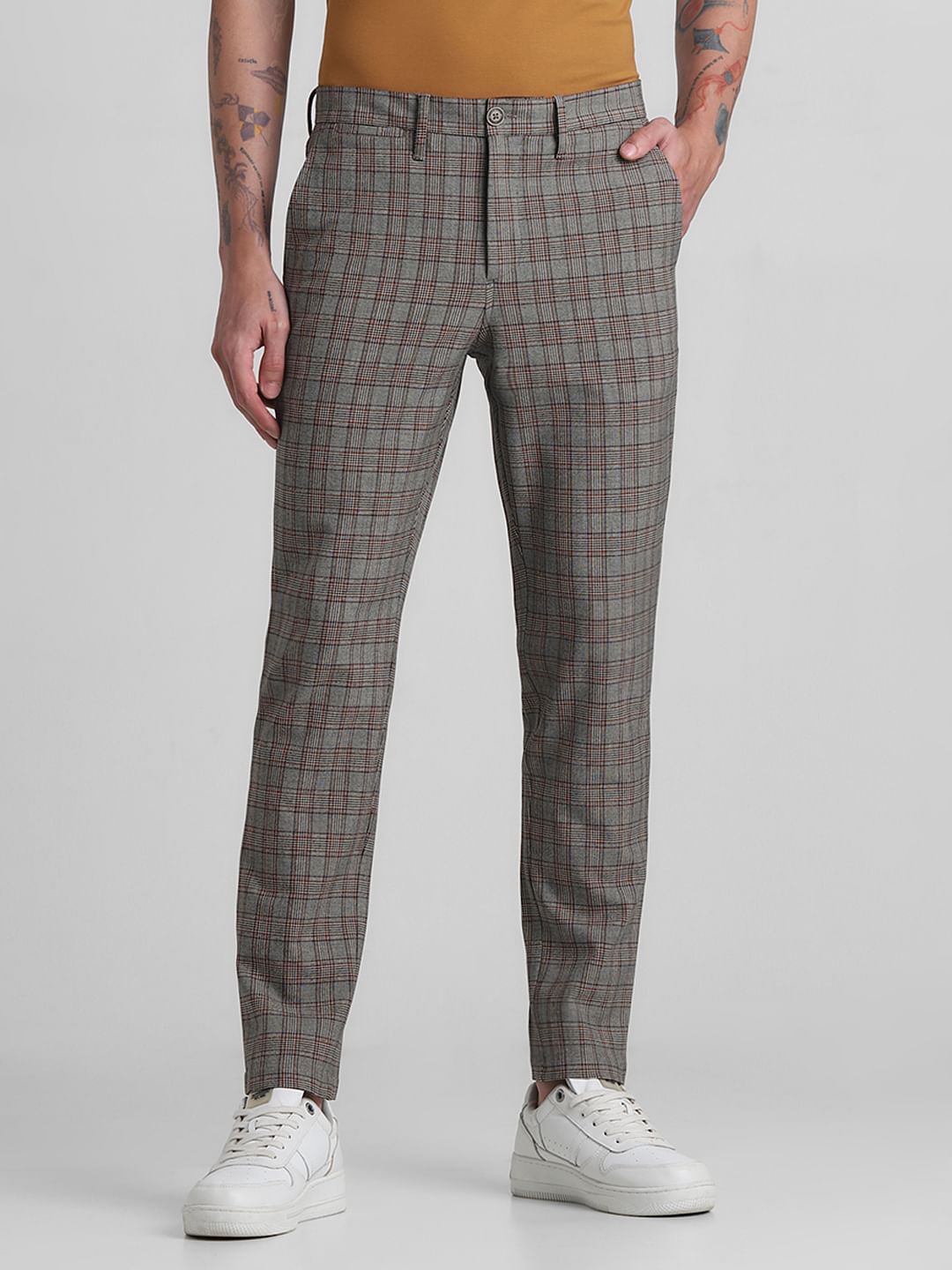 Brown Mid Rise Check Pants
