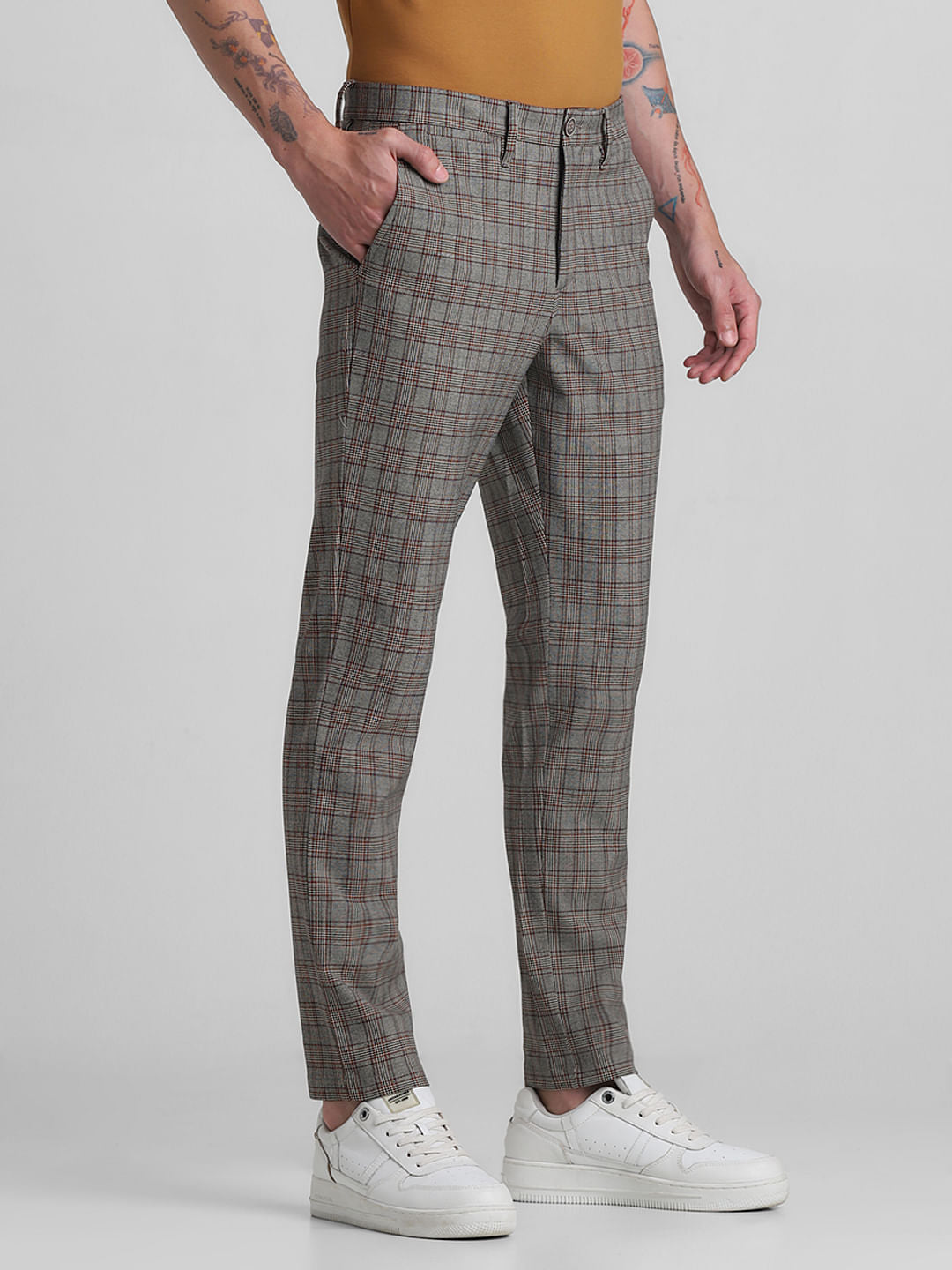 Brown Mid Rise Check Pants